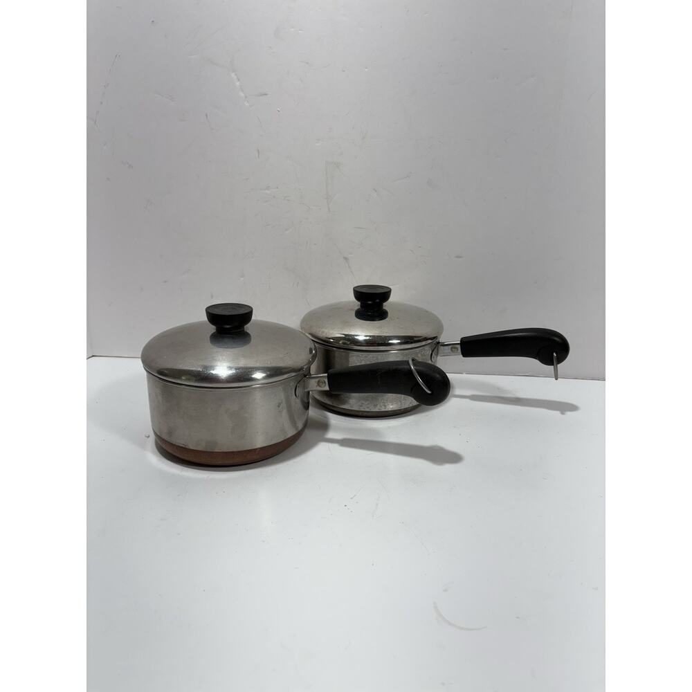Lot 2 Revere Ware 1.5 Quart 1 1/2 Qt copper bottom‎ Sauce Pan Pot W Lid Clinton